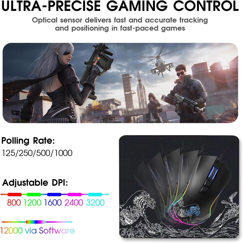 HITIME XVX Wired Gaming Mouse, 12000 DPI RGB Mouse with 12 Backlit Modes & 7 Macro Buttons, Gaming Mice Support DIY Keybinding, Gamer Computer Mice for Laptop PC Mac Windows, Wave - Image 2